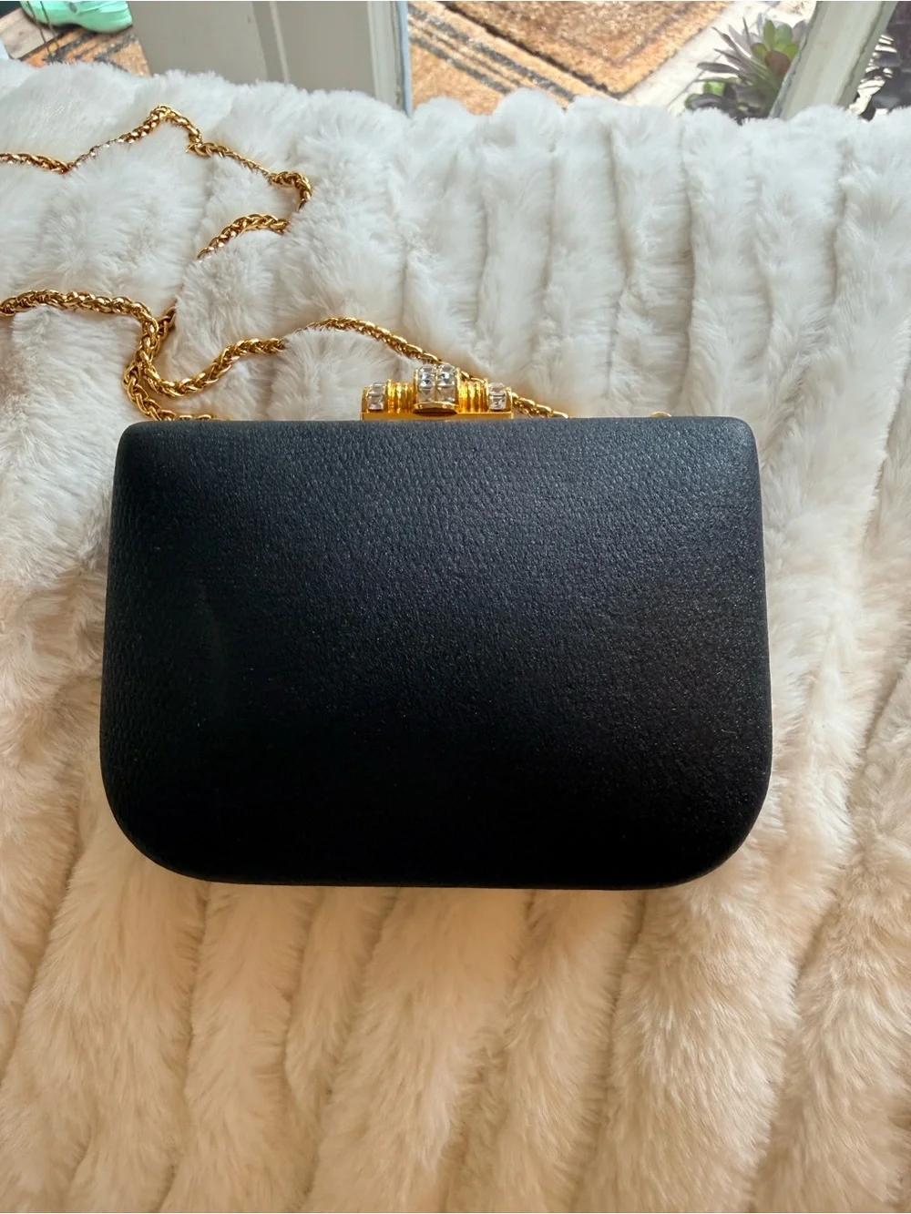 RODO Black Leather Evening Crossbody with Gold Chain